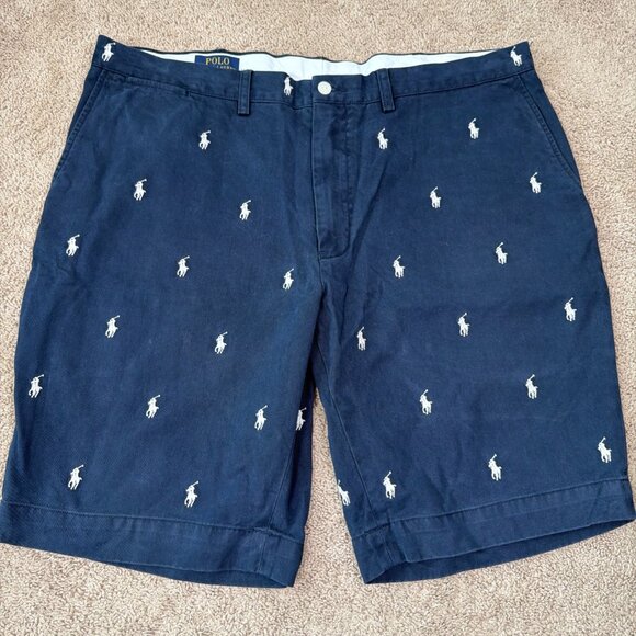 Polo Ralph Lauren Shorts Mens 40 Navy Blue Chino All Over Pony Logo Classic Fit - Picture 1 of 9